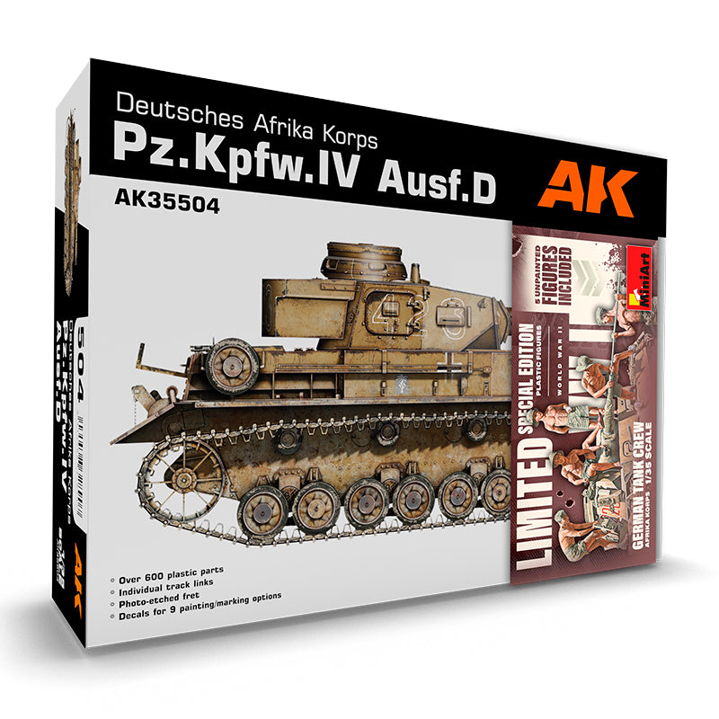 Model kit box for AK's Pz.Kpfw.IV Ausf.D tank -  depicted in desert camouflage for the Afrika Korps -  including figures