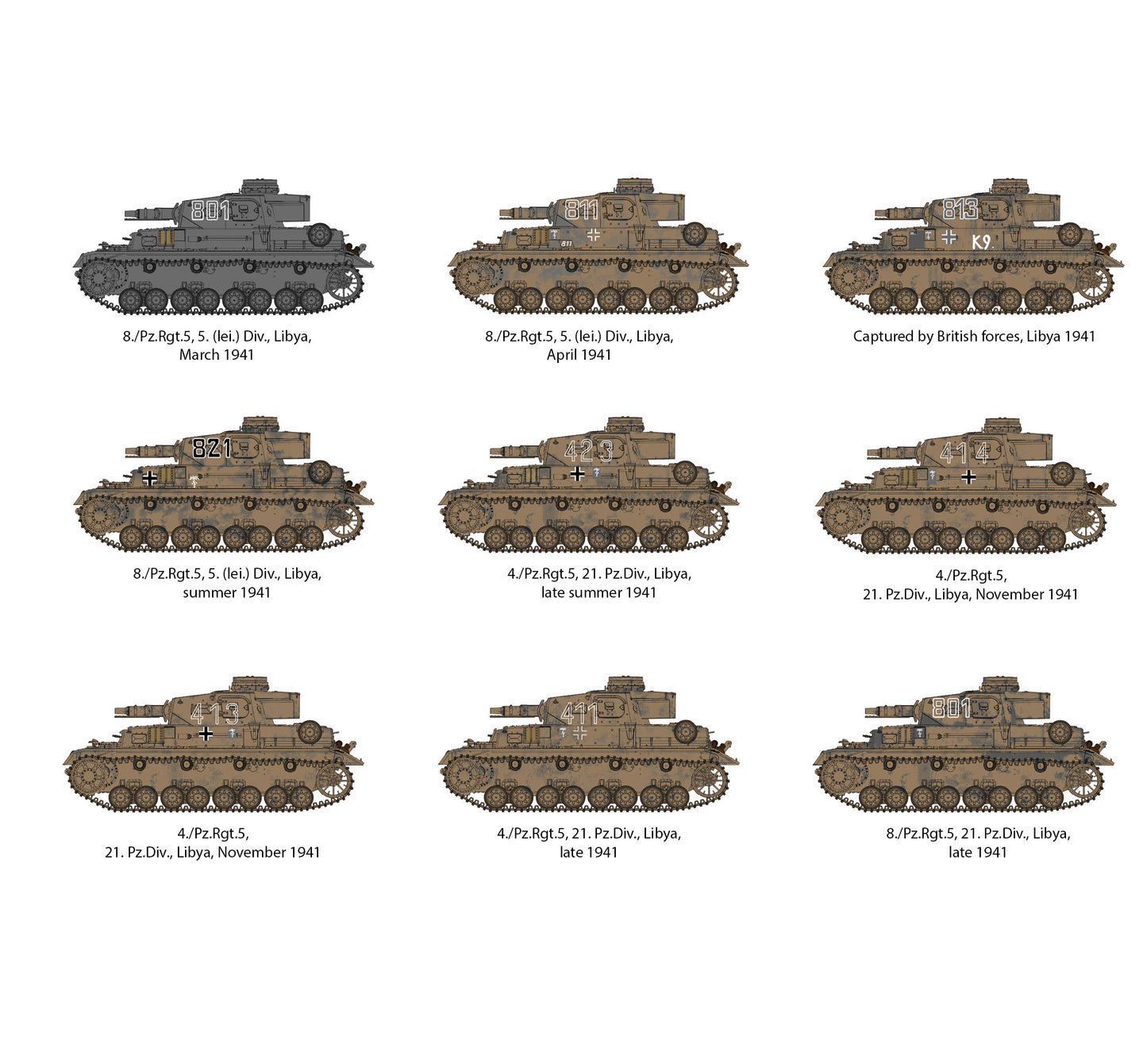 Nine German Panzer IV tanks -  side-profile -  showing varied camouflages and markings from Libya -  1941 -  one captured by British forces