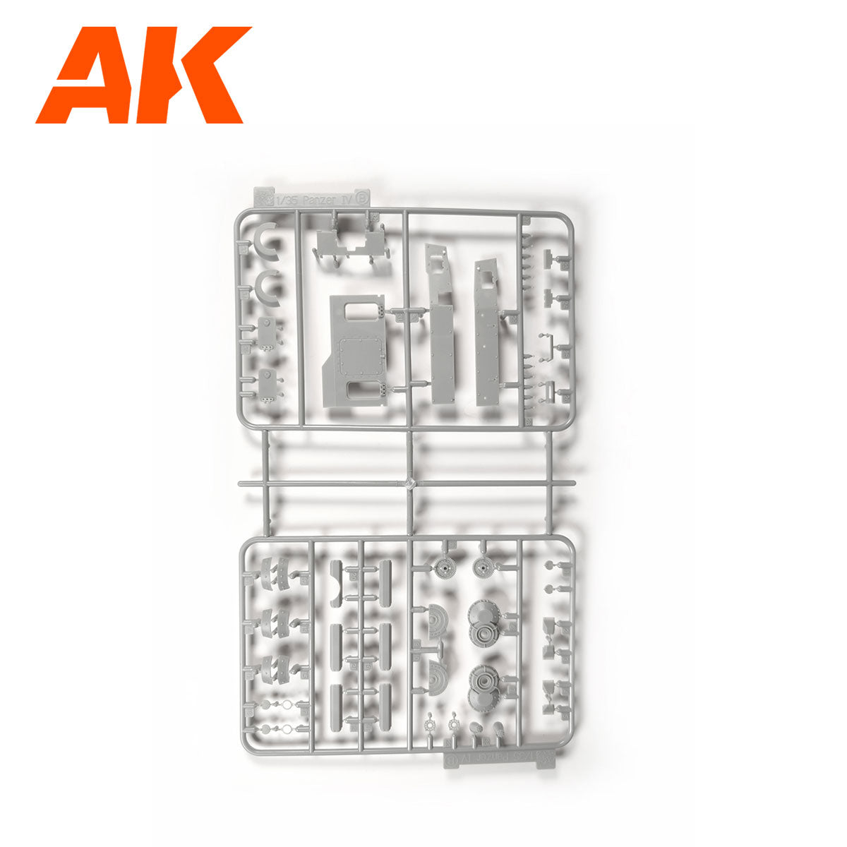 AK brand grey plastic sprue containing unbuilt 1/35 scale Panzer IV model tank parts