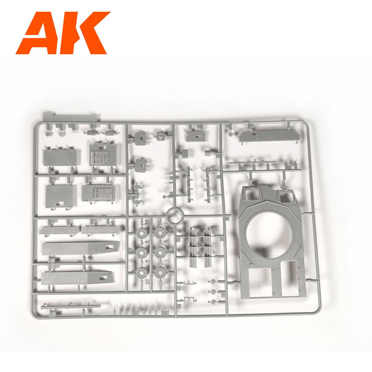 AK 1/35 scale plastic model kit sprue with grey Panzer V tank parts -  still attached -  ready for assembly