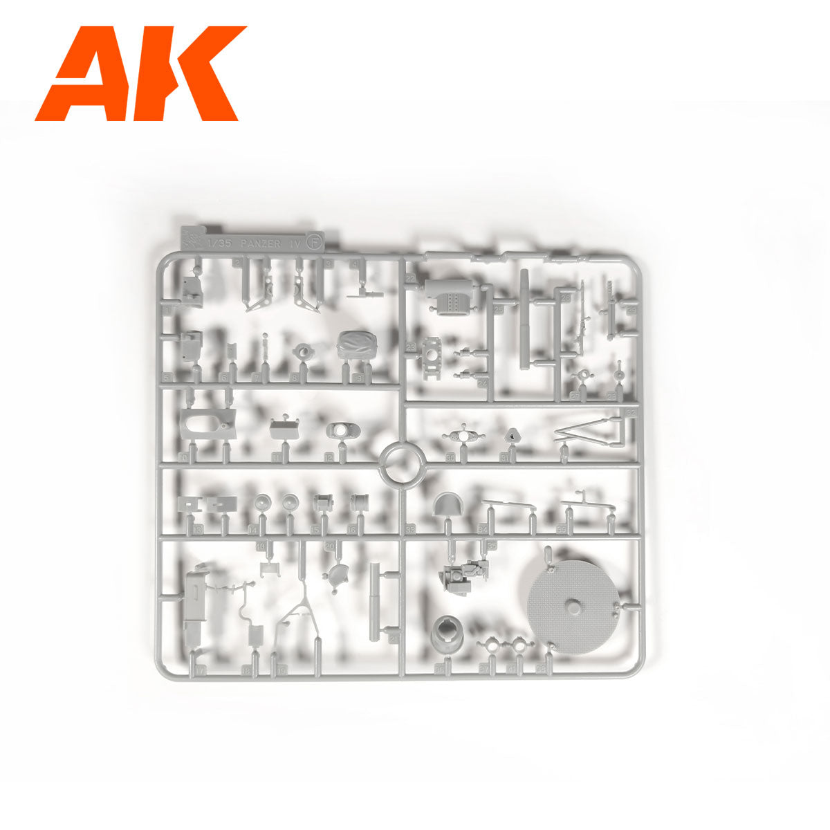 AK 1/35 Panzer IV model kit sprue with many grey plastic tank parts