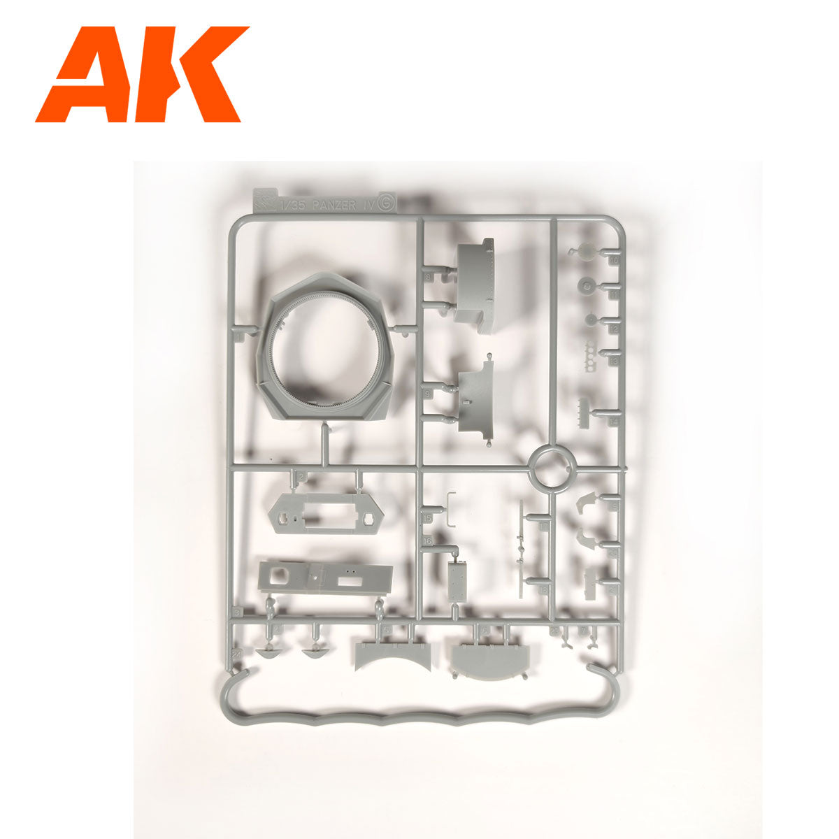 AK logo above a gray 1/35 Panzer IV tank model kit sprue