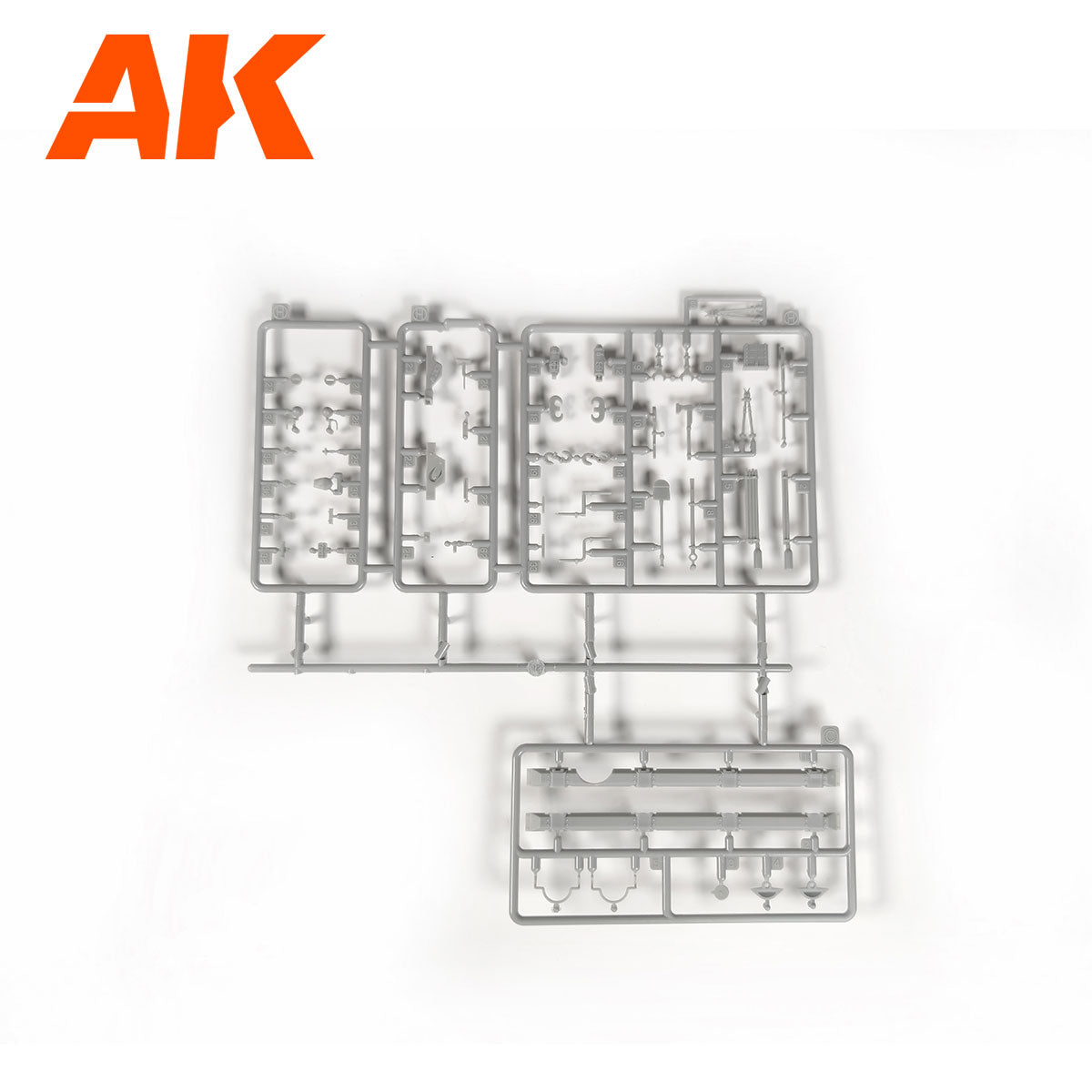 Gray plastic sprue with unpainted model parts for assembly
