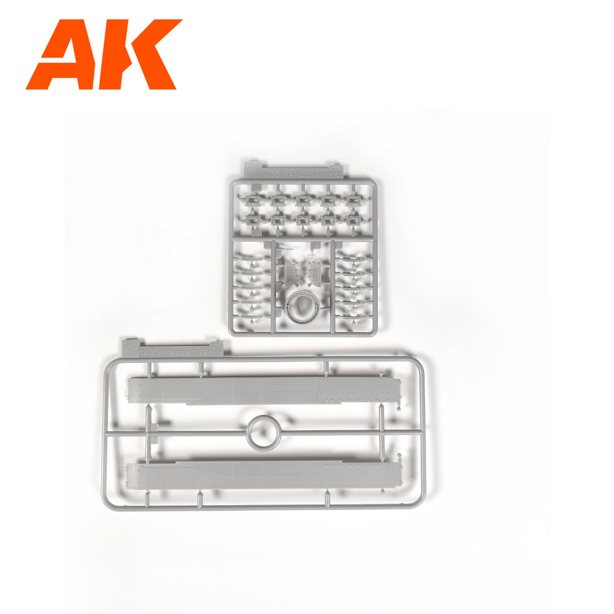 Gray plastic 1/35 Panzer IV model kit parts on two sprues -  with an orange AK logo