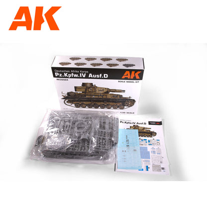 Unboxed AK Pz.Kpfw. IV Ausf.D tank model kit -  showing the box -  plastic parts in a bag -  and instructions