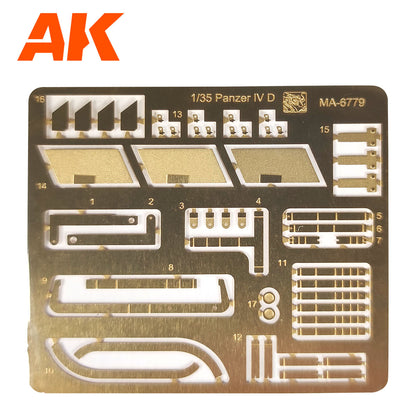 AK 1/35 Panzer IV D brass photo-etched detail sheet -  displaying numerous small -  precise model parts