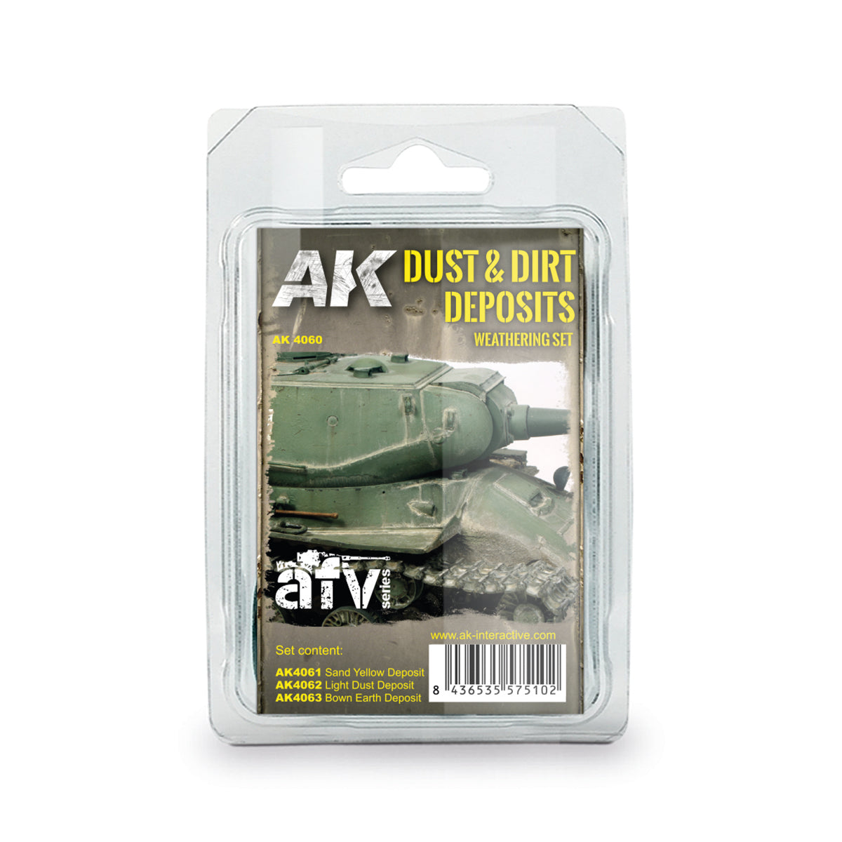 AK Dust and Dirt Deposits Weathering Set for models, in a blister pack, showing a weathered green tank