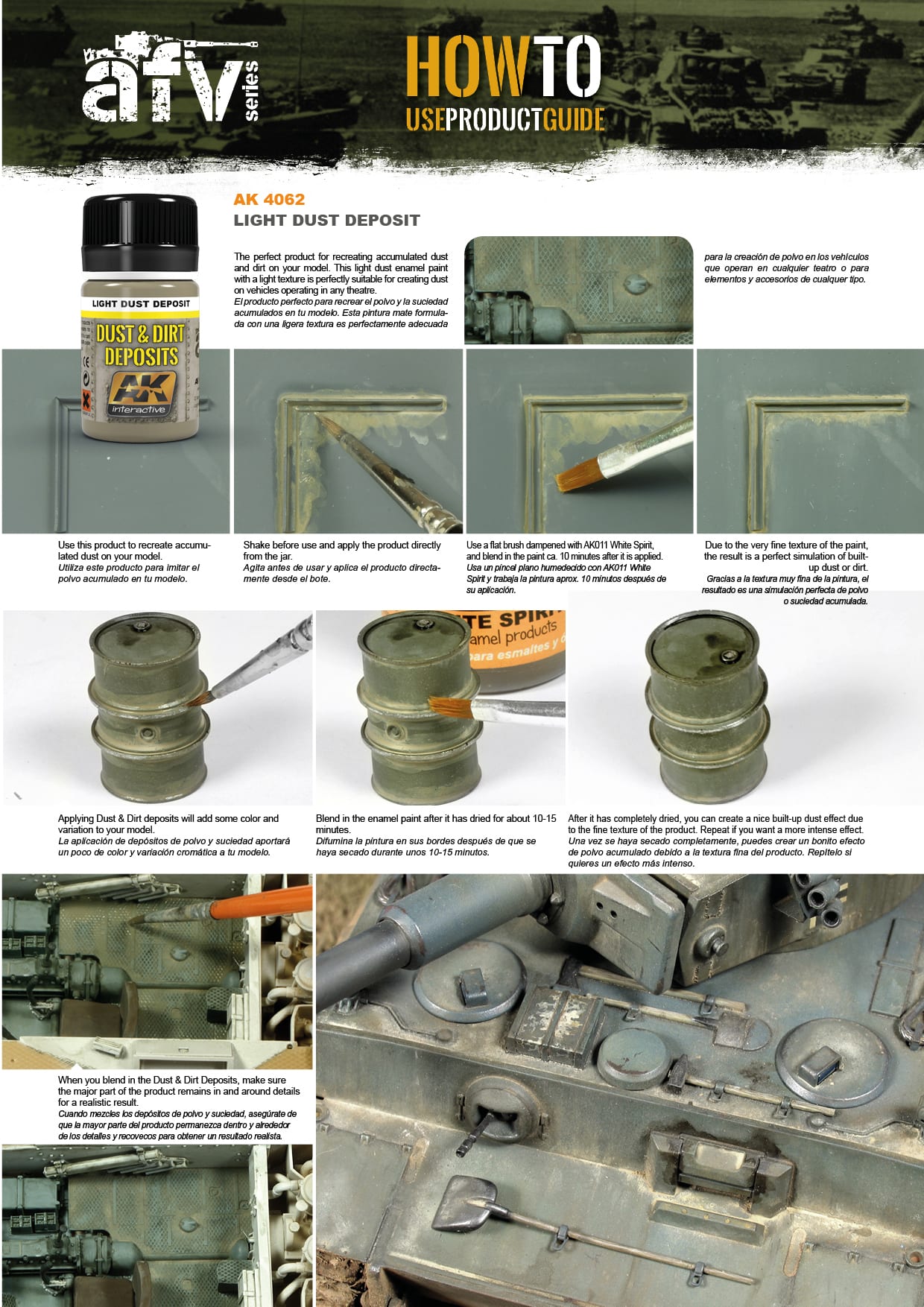 AK Interactive guide shows applying dust and dirt weathering effects to a model tank using brushes