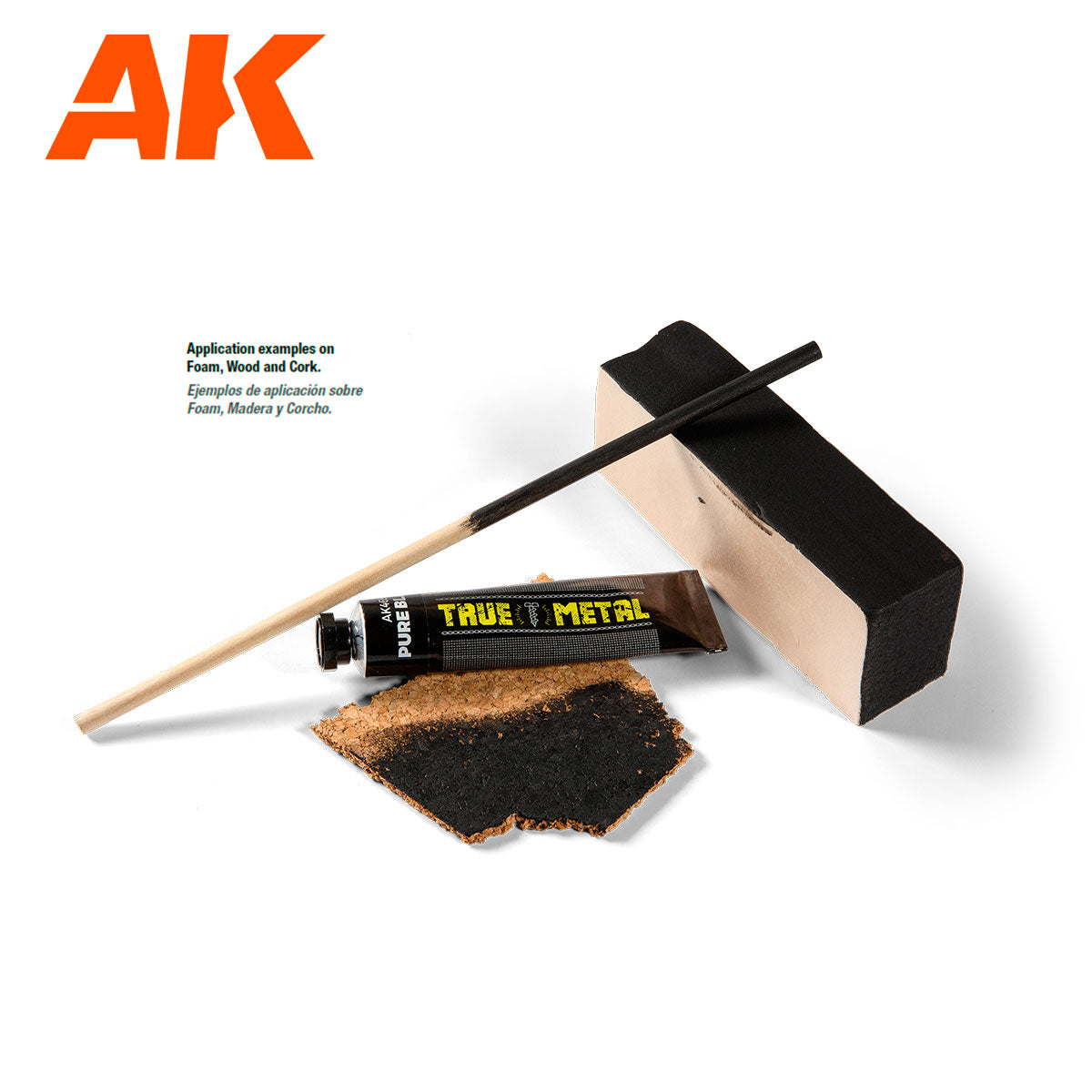 AK True Metal tube -  stick -  and black pigment shown on cork and foam examples