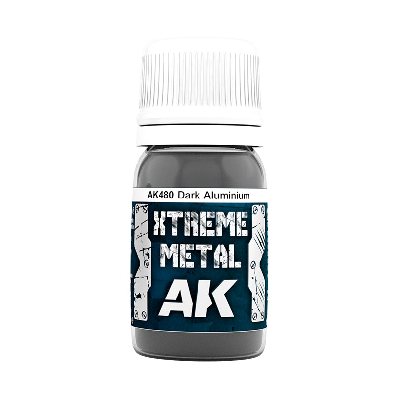 A bottle of AK480 Dark Aluminium Xtreme Metal paint with a white cap