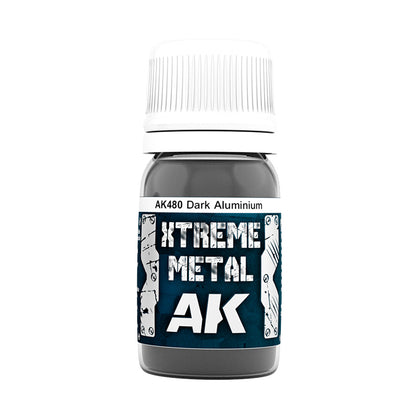 A bottle of AK480 Dark Aluminium Xtreme Metal paint with a white cap