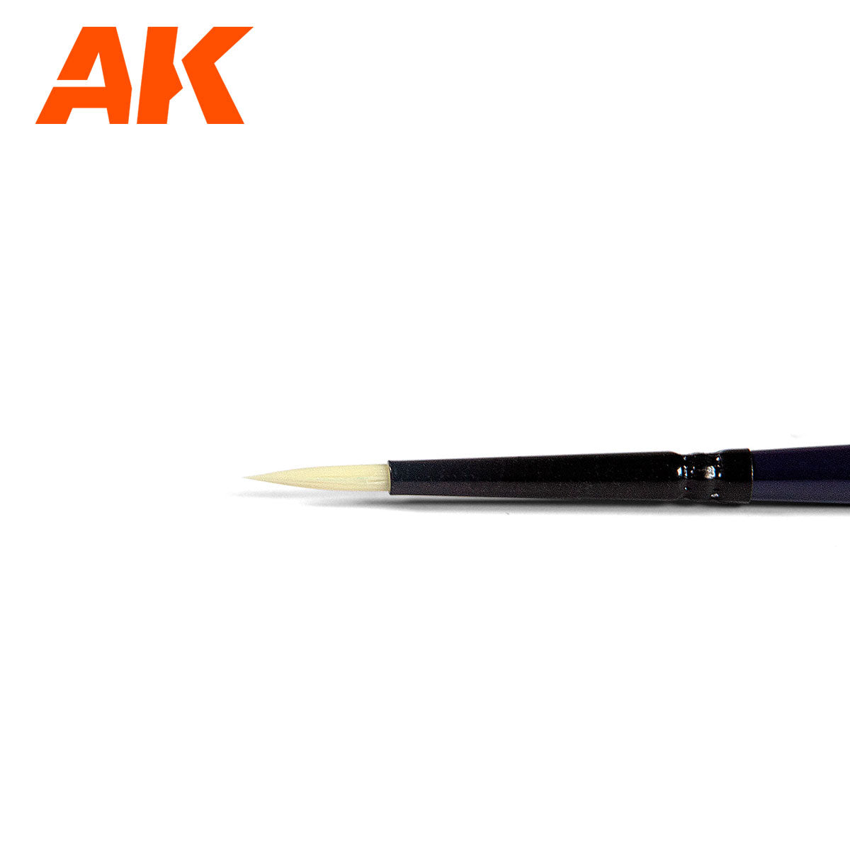 Orange AK logo above a pointed paint brush with light cream bristles and a dark handle