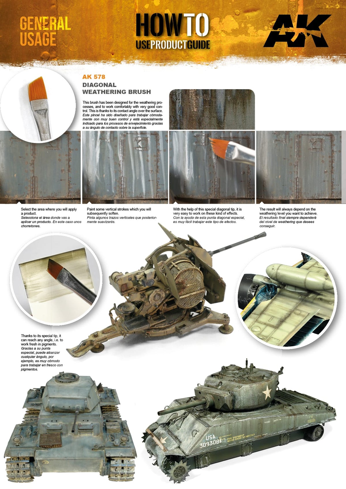 Instructions for weathering scale models: a brush applies effects to tanks, a gun, and an airplane