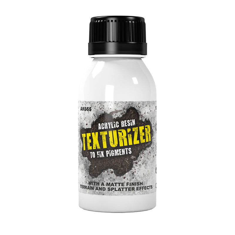 White AK665 Acrylic Resin Texturizer bottle with black cap, for fixing pigments and creating terrain effects.