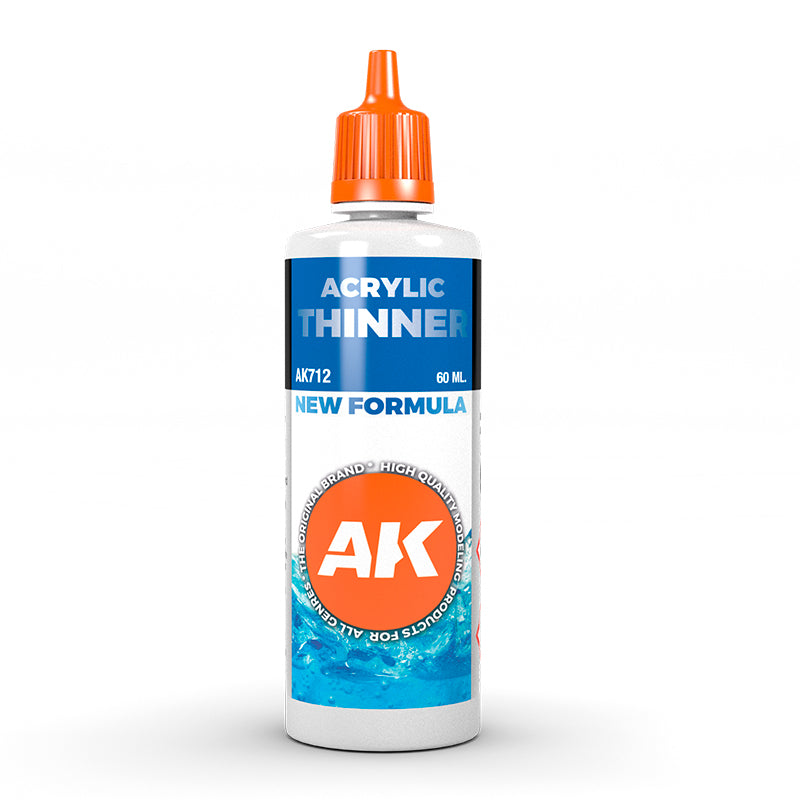 AK Acrylic Thinner, 60 ML, in a white bottle with an orange dropper cap. Label says 'NEW FORMULA'.