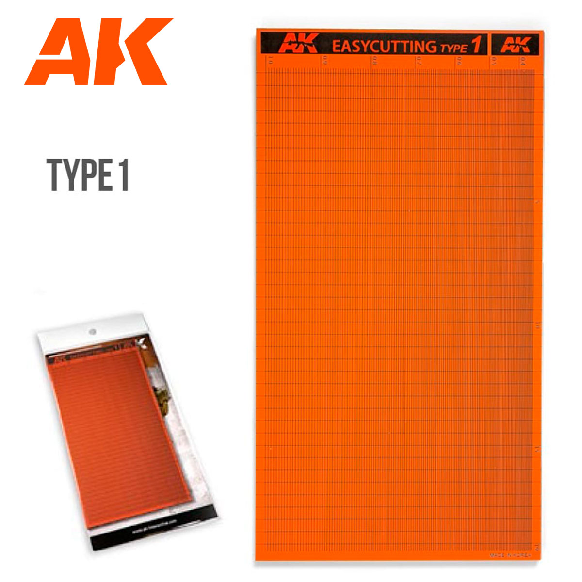 AK Easycutting Type 1 orange cutting mat with a black grid, shown unpackaged and in its retail package