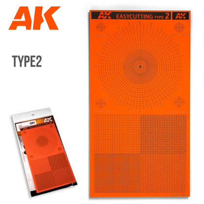 Orange AK Easycutting Type 2 template features circular, square, and triangular grids, shown with packaging