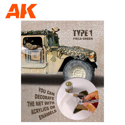 AK product image: Desert Humvee with field green camouflage net -  Inset shows hand airbrushing net