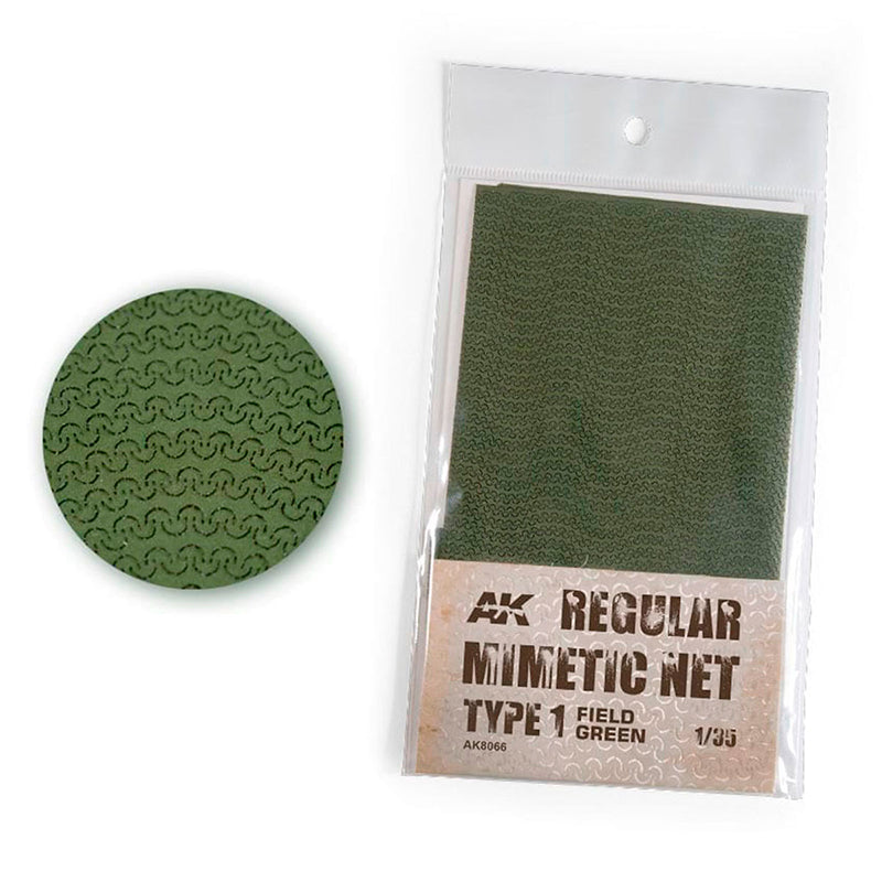 AK Regular Mimetic Net in plastic packaging -  beside a circular sample showing its textured wave pattern