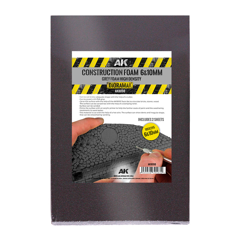 AK Construction Foam package, showing a hand carving grey foam into a cobblestone texture for a diorama