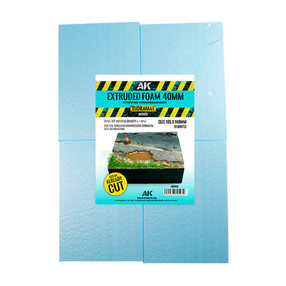 Pack of four light blue AK Extruded Foam 40mm sheets for diorama bases, with product label visible