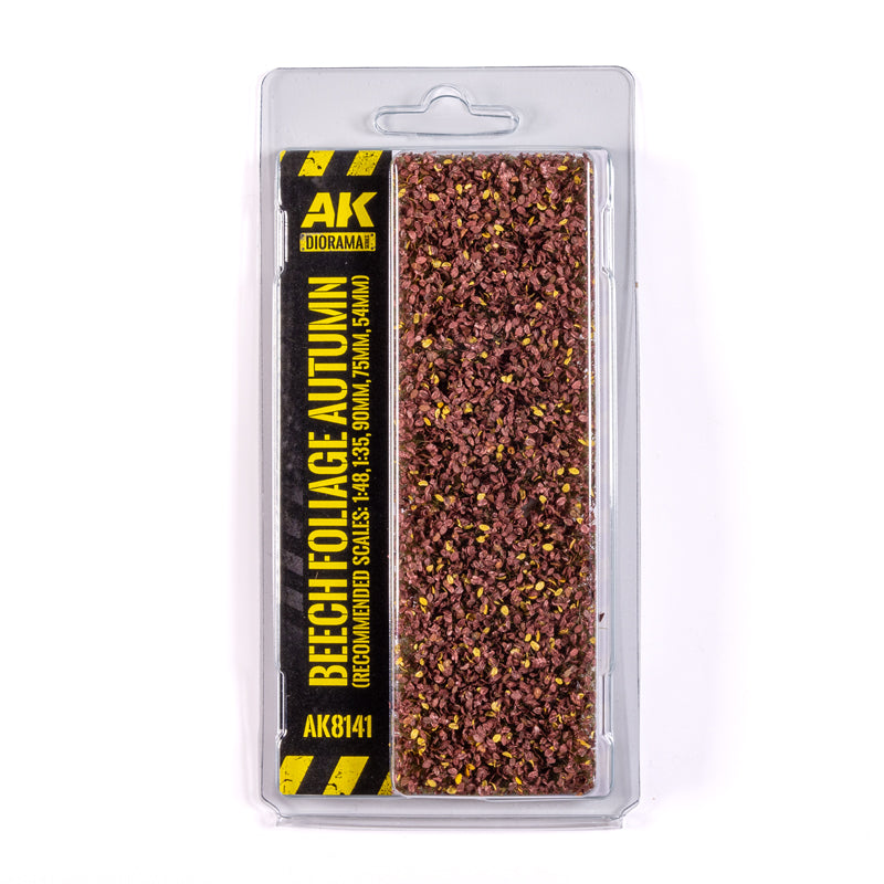 Blister pack of AK Diorama Beech Foliage Autumn, a granular mix of red-brown and yellow for model landscapes