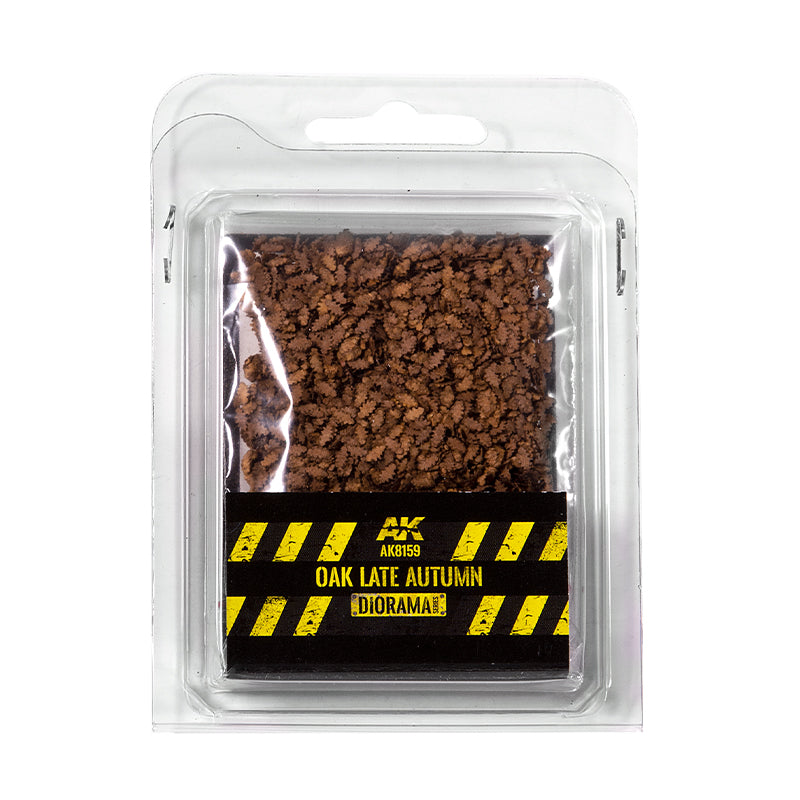 Clear blister pack with miniature brown oak leaves, labeled 'Oak Late Autumn Diorama'