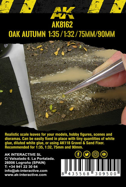 Close-up of tweezers placing a miniature autumn leaf onto a wet -  muddy diorama base with small puddles