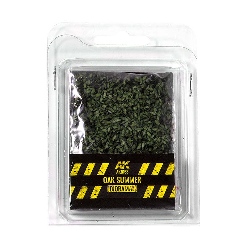 Clear blister pack of AK 'Oak Summer' green miniature leaves for diorama model making