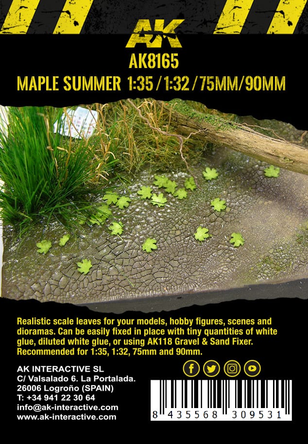Display of AK8165 Maple Summer scale leaves: tiny green leaves on cracked ground, with grass and a log