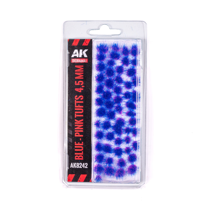 Clear blister pack of AK Diorama blue-pink 4.5mm tufts -  small fluffy clusters for model making and diorama scenery
