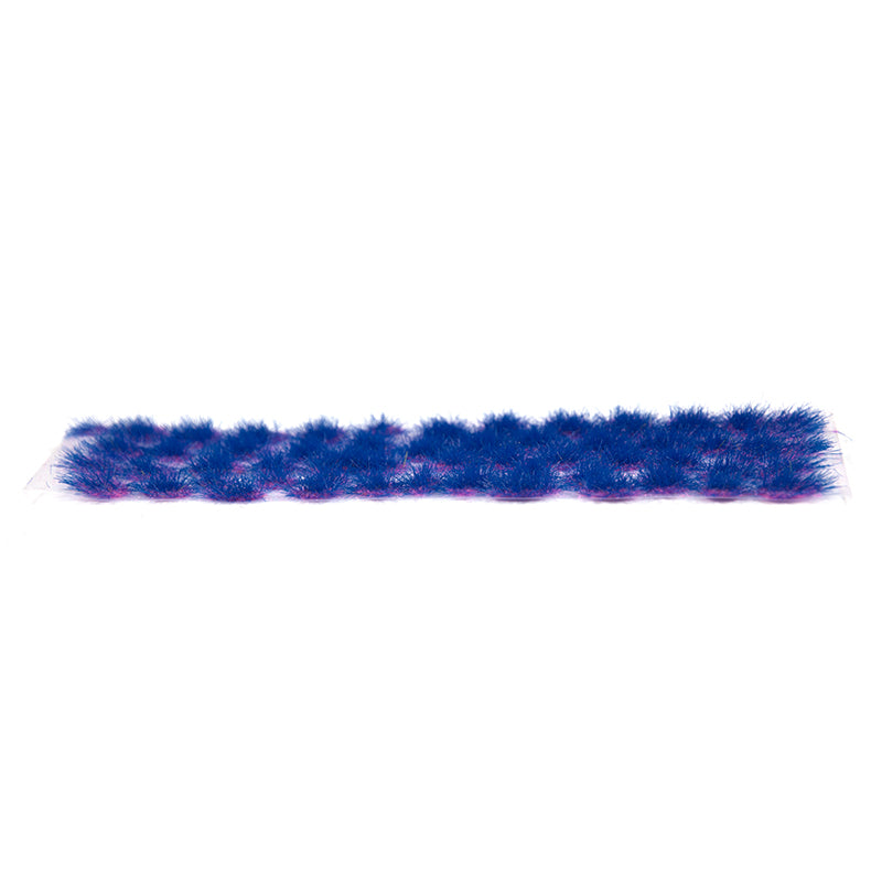 A narrow strip of blue and purple tufted material -  resembling artificial grass