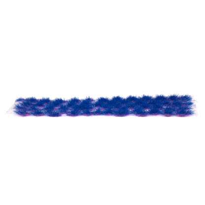 A narrow strip of blue and purple tufted material -  resembling artificial grass