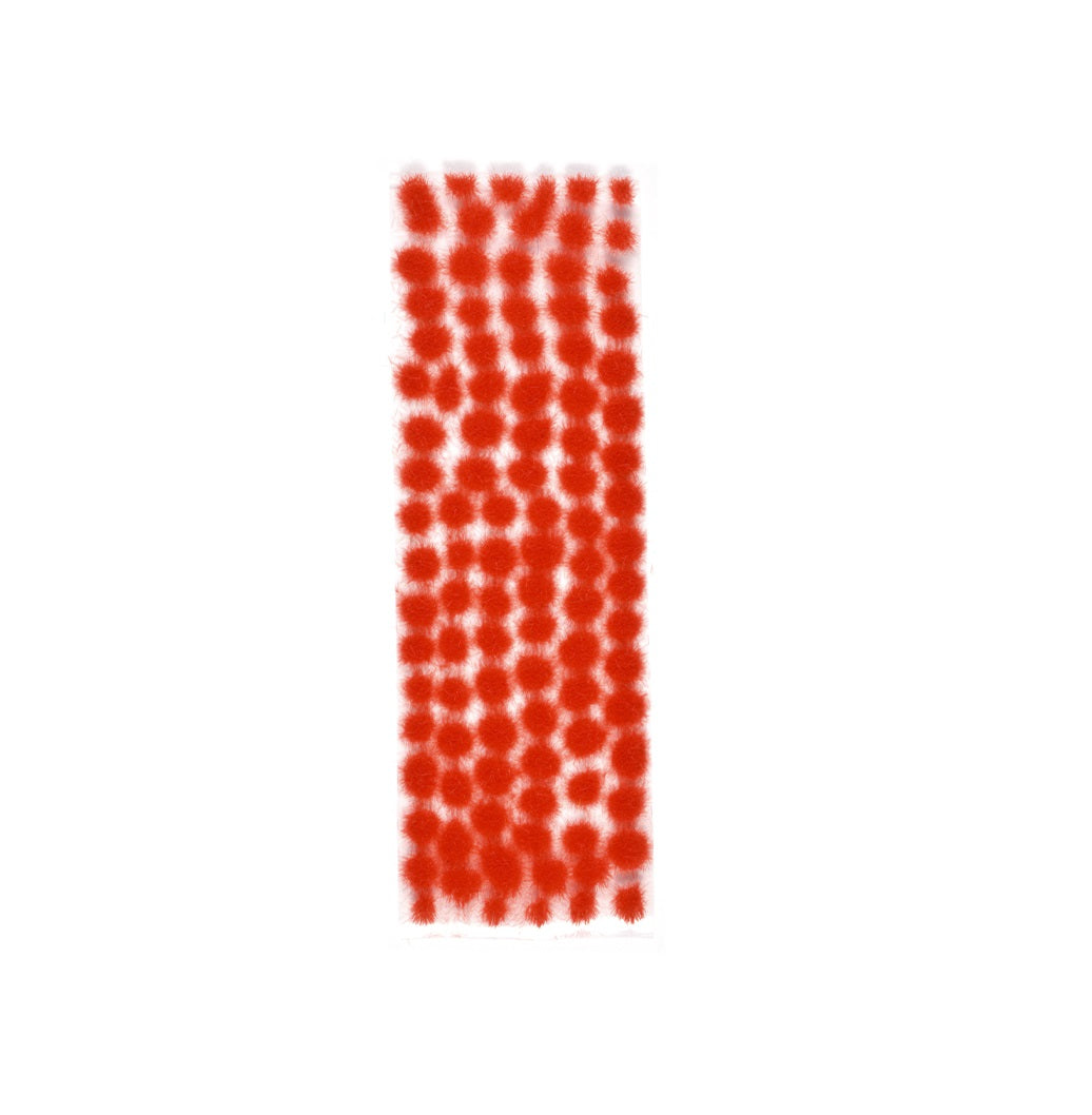 Red fuzzy dots forming a vertical rectangular pattern on a white background