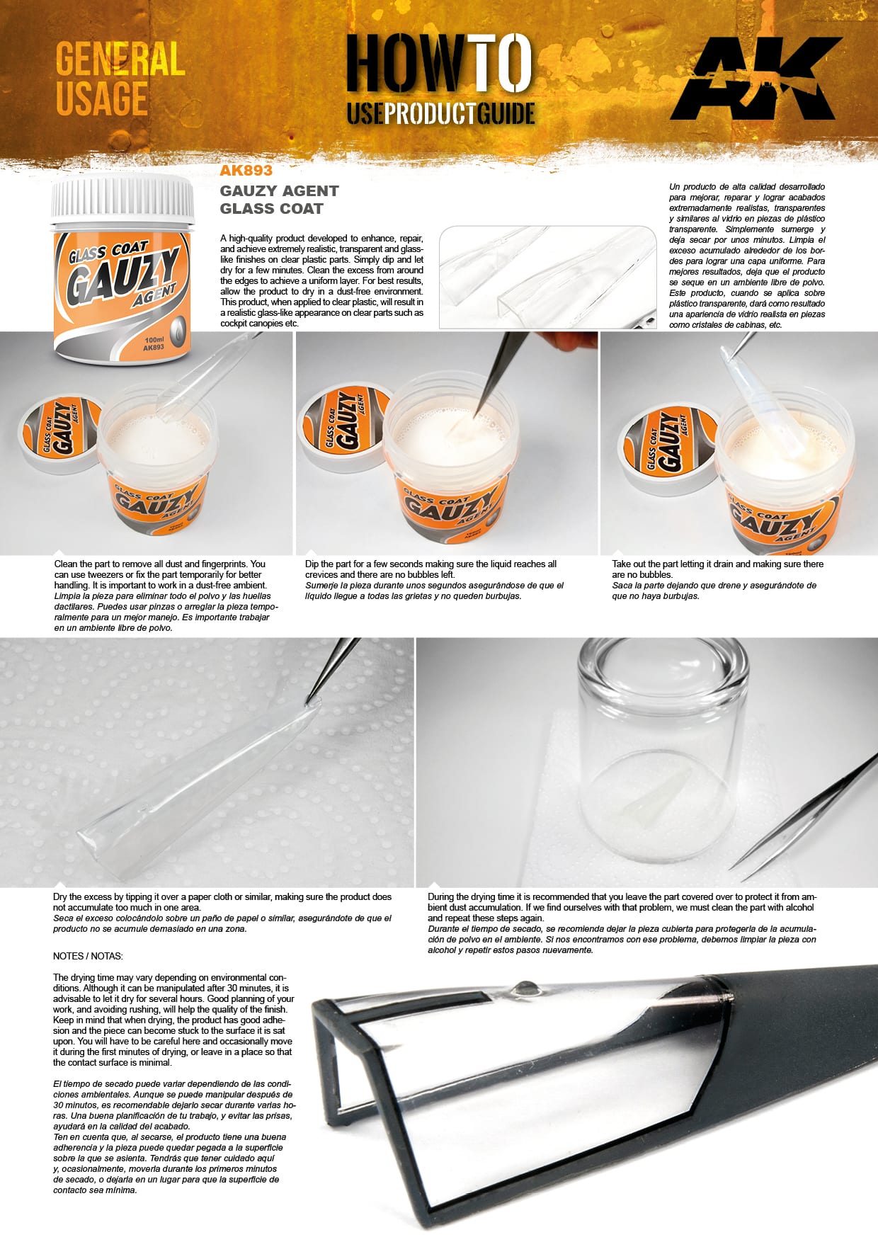 AK893 Gauzy Agent Glass Coat product guide: dipping clear plastic model parts for a clear, glossy finish.