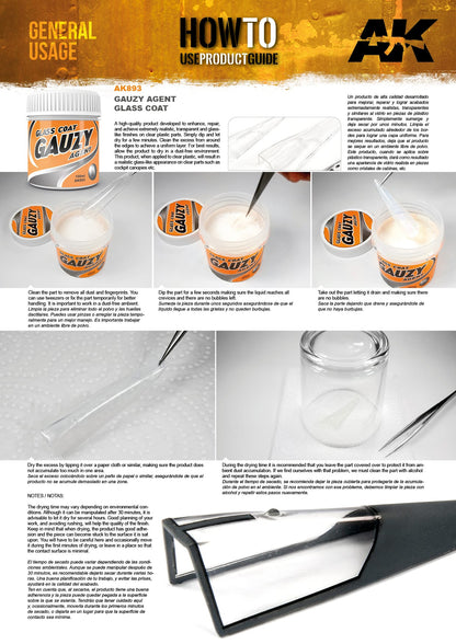 AK893 Gauzy Agent Glass Coat product guide: dipping clear plastic model parts for a clear, glossy finish.