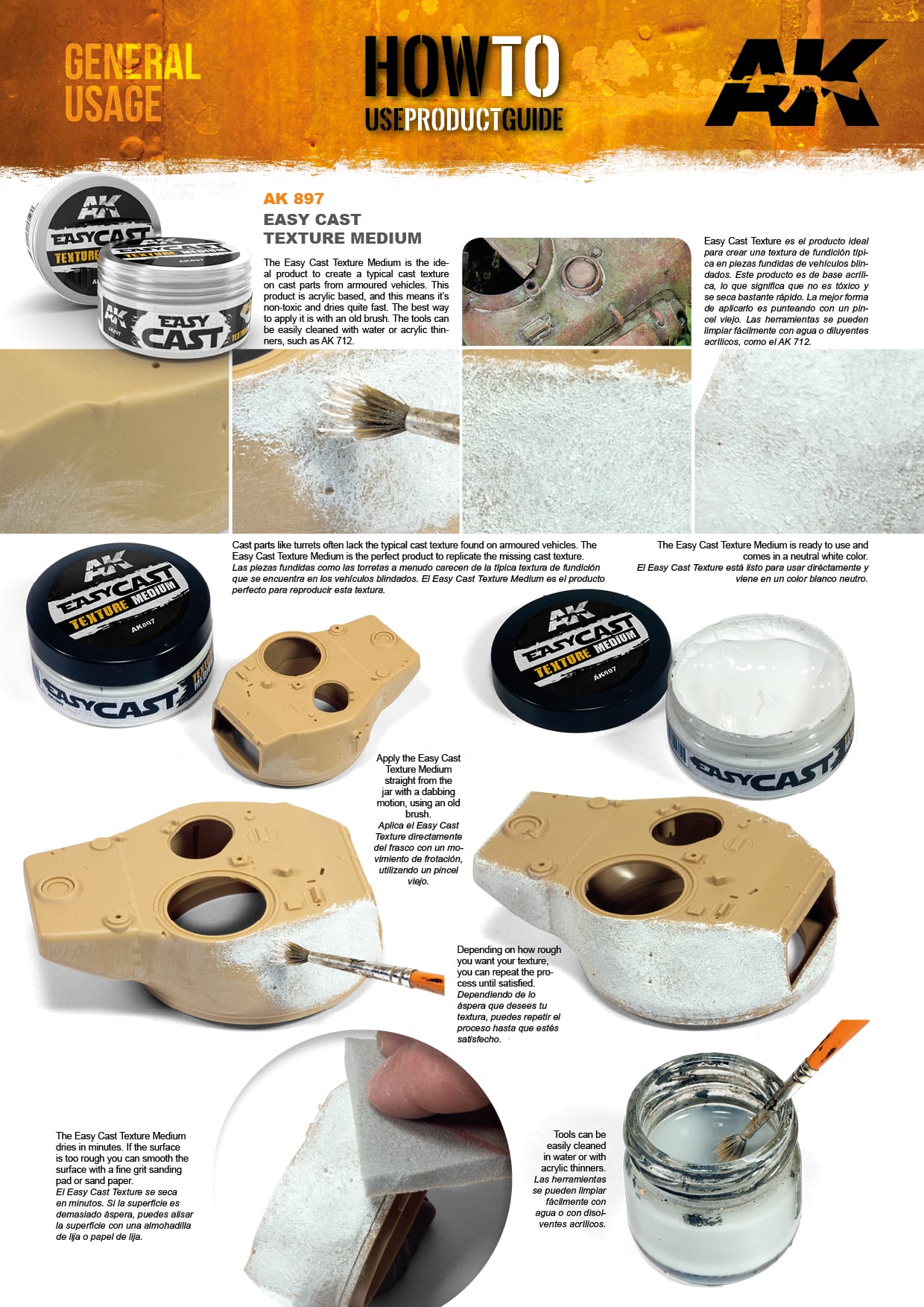 Step-by-step guide applying AK Easy Cast Texture Medium to a model tank turret to add realistic texture