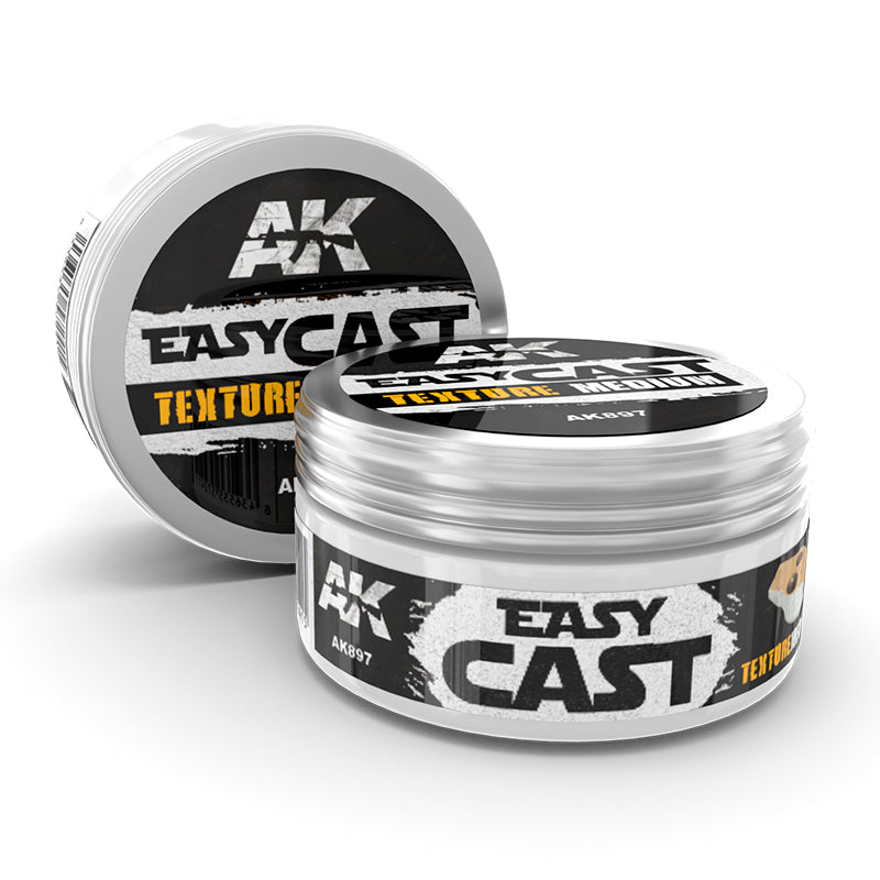 Two silver AK Easycast Texture Medium tubs with black, white, and yellow labels, displayed on a white background