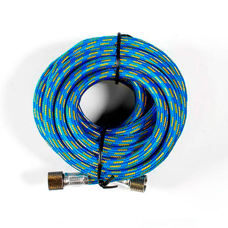 Coiled blue and yellow braided airbrush hose with metal fittings -  secured by black zip ties