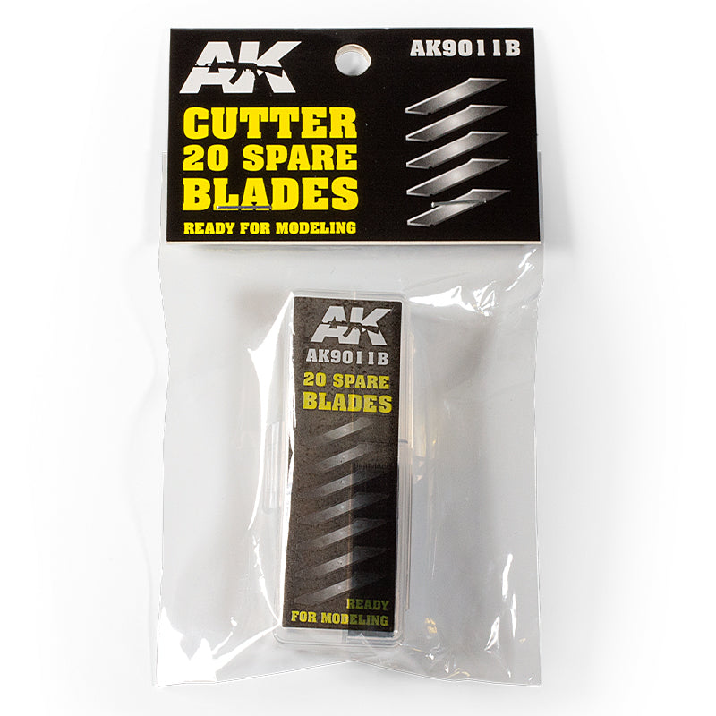 AK brand 20 spare cutter blades in clear plastic packaging, ready for modeling