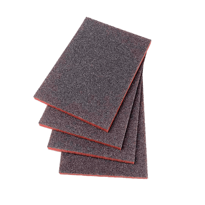 A fanned stack of four dark gray rectangular sanding sponges with red foam edges