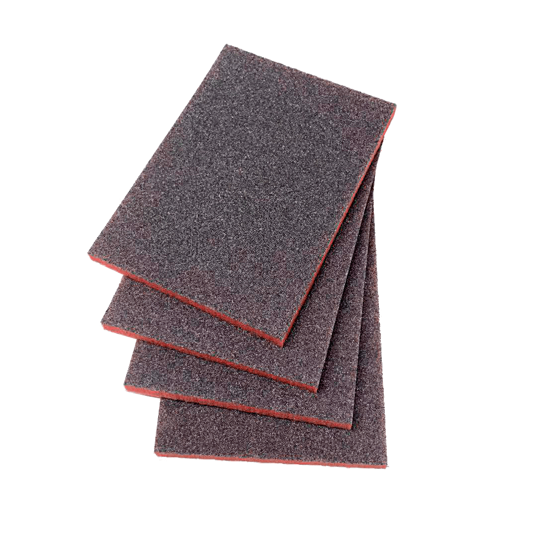 A fanned stack of four dark gray rectangular sanding sponges with red foam edges
