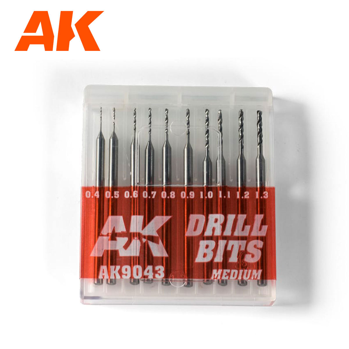 Set of ten small AK drill bits -  sizes 0.4-1.3mm -  in a clear case with a red label marked "DRILL BITS"
