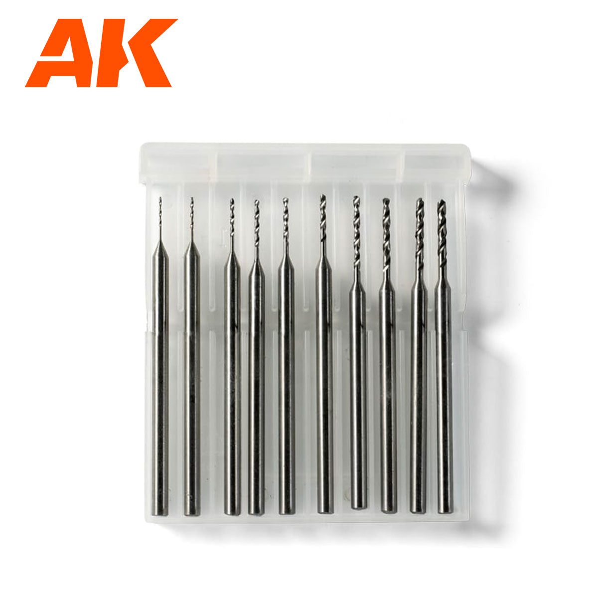 AK brand set of 10 miniature drill bits -  varying in size -  in a clear plastic case