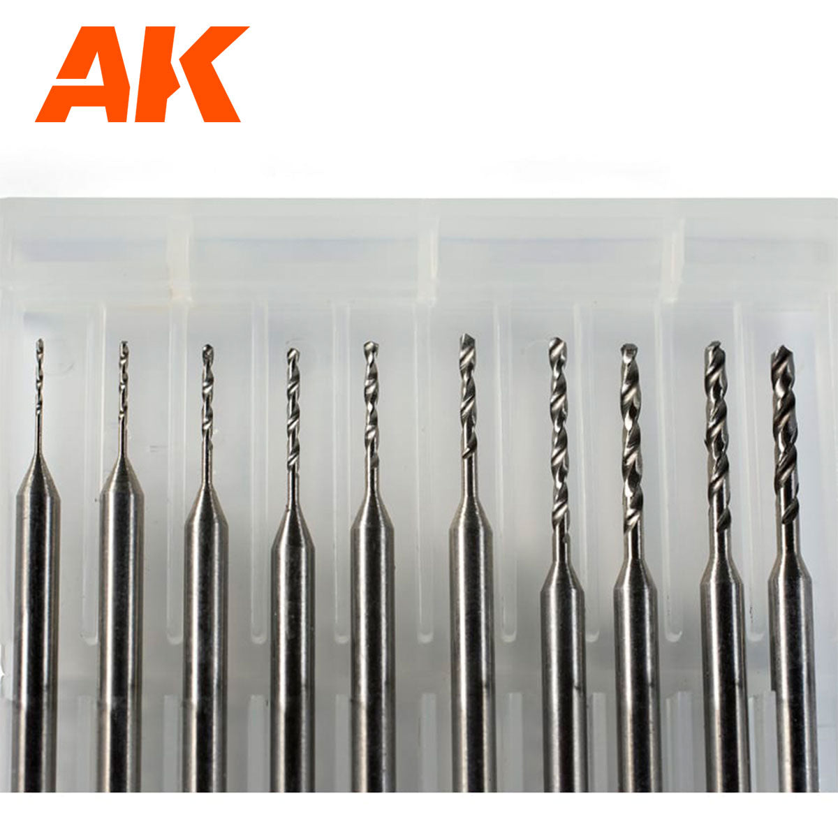 AK set of precision drill bits of graduated sizes -  displayed upright in a clear plastic case