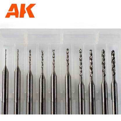 AK set of precision drill bits of graduated sizes -  displayed upright in a clear plastic case