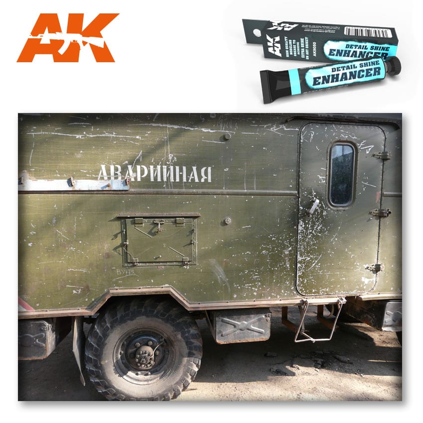 Heavily weathered green military vehicle side with Russian 'ÐÐ’ÐÐ Ð˜Ð™ÐÐÐ¯' text, featured with AK Detail Shine Enhancer product.