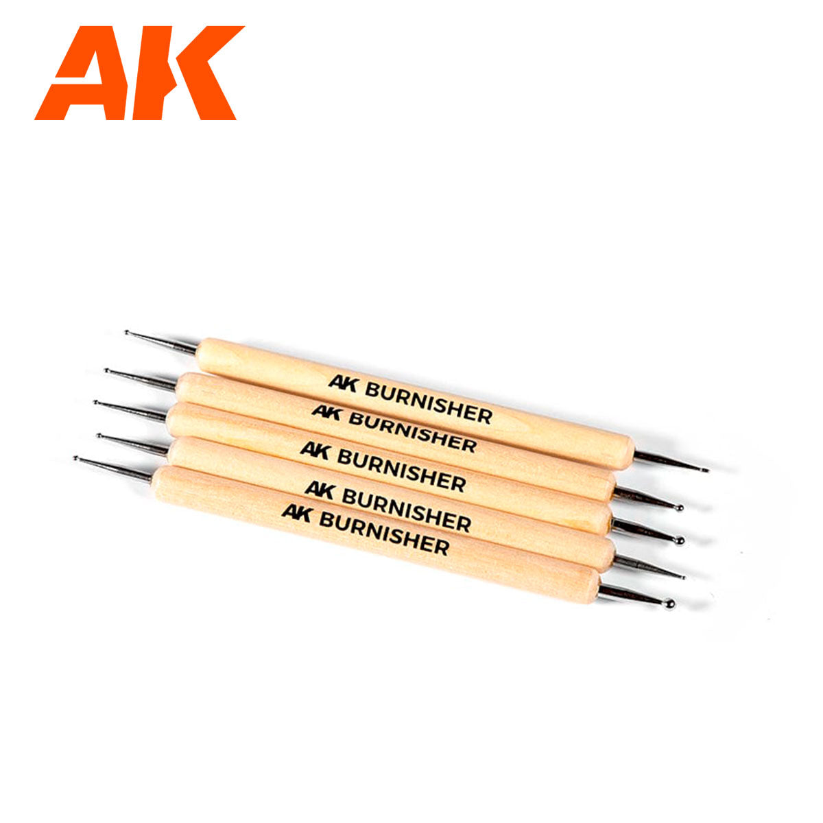 Five AK BURNISHER tools with wooden handles and double-ended metal tips of varying sizes