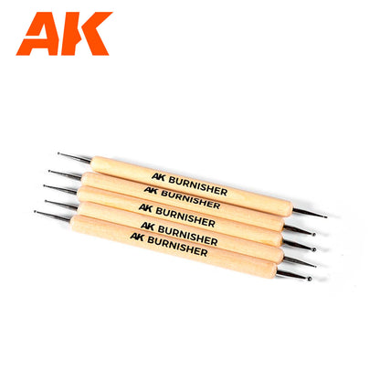 Five AK BURNISHER tools with wooden handles and double-ended metal tips of varying sizes