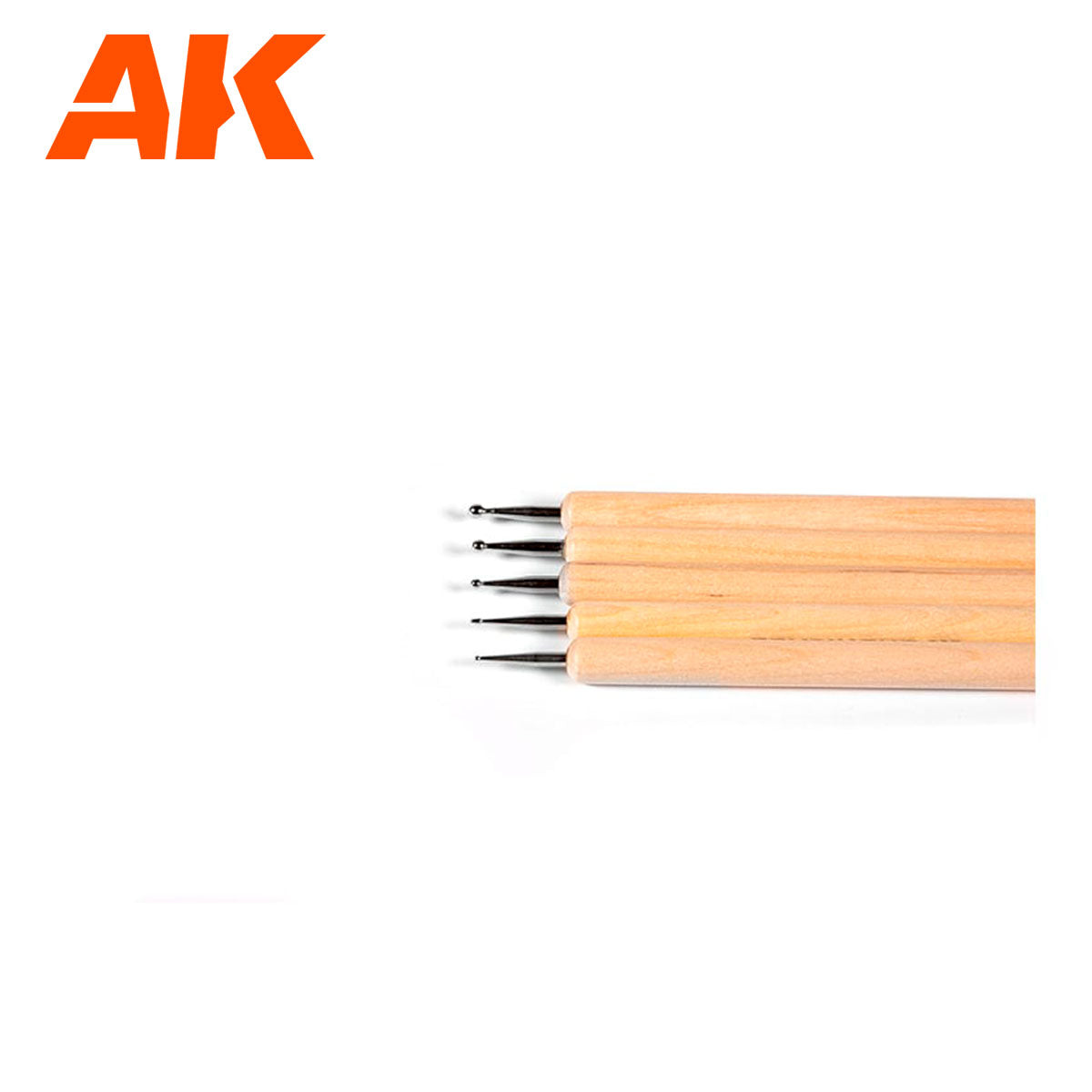 AK brand set of 5 wooden-handled tools with metal dotting and detailing tips